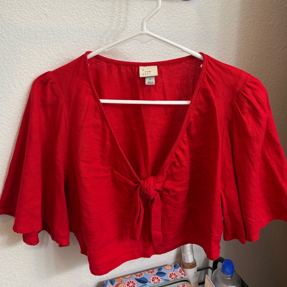 A New Day Red Ruffled Tie Front Blouse
